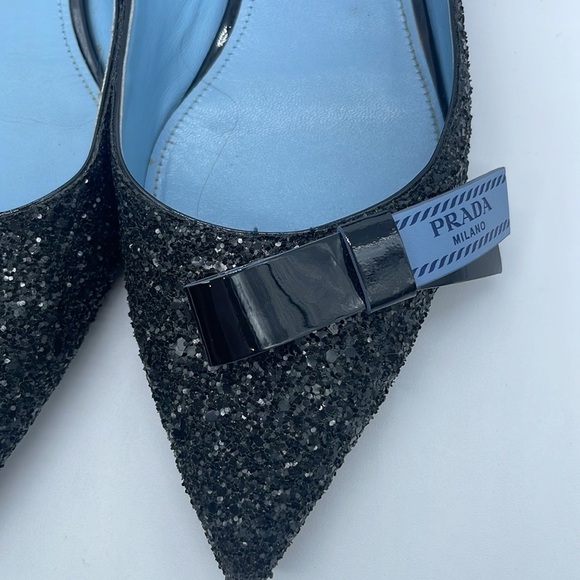 Prada Black Glitter leather bow logo embellished pointed toe ballet flats 38.5 - Picture 4 of 11